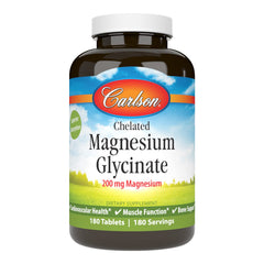 Carlson Chelated Magnesium 200 mg tablets in a bottle support nerve and muscle function.