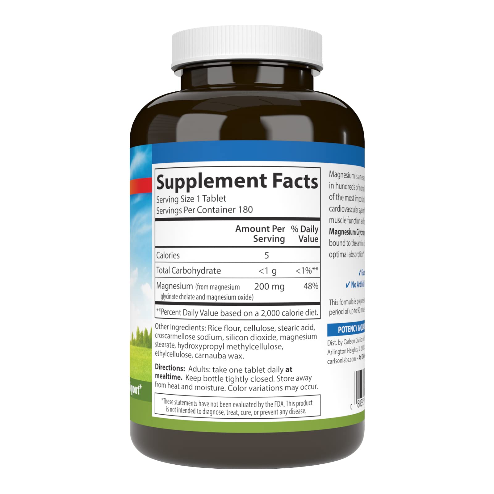 Carlson Chelated Magnesium 200 mg label close-up highlights dosage per tablet.