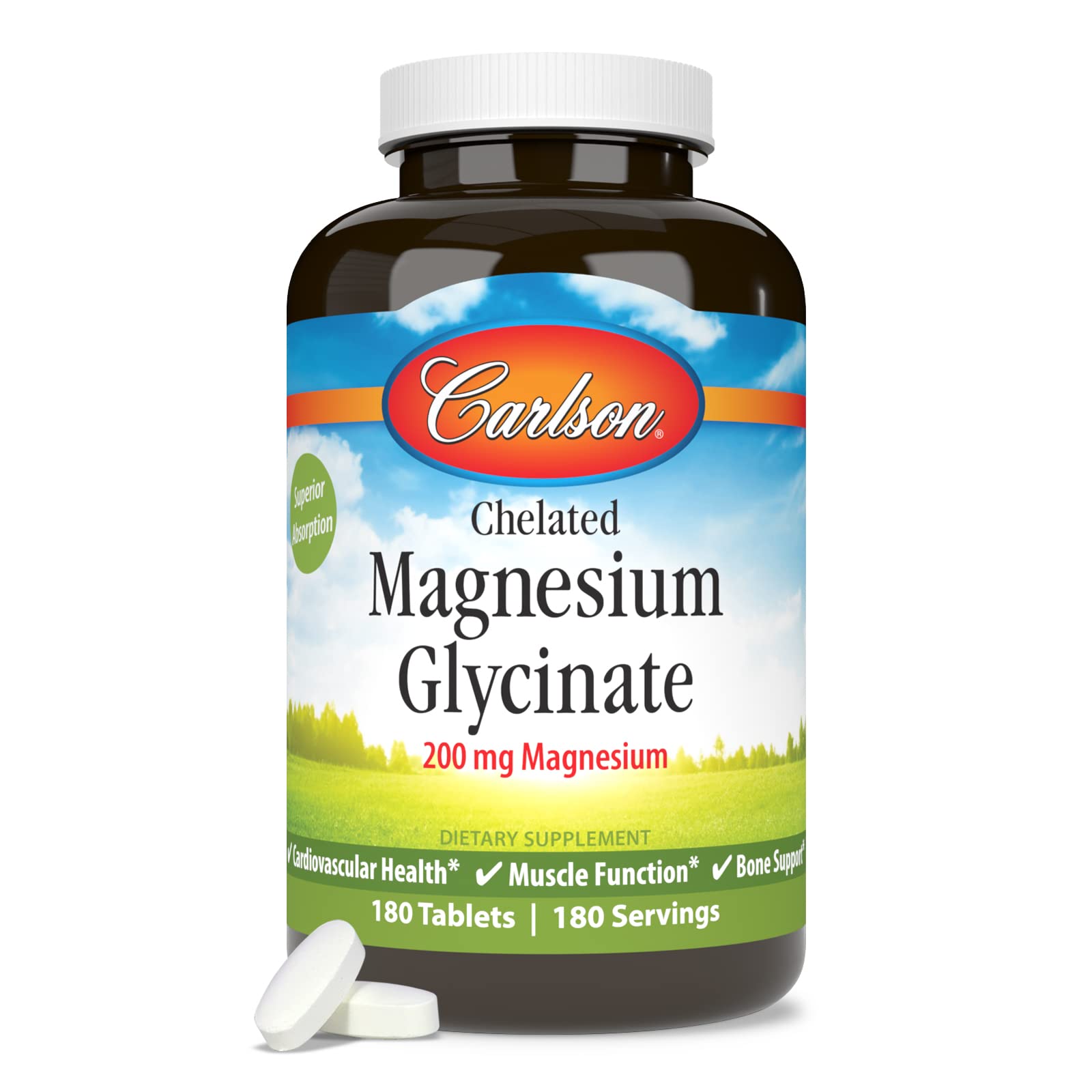 Carlson Chelated Magnesium 200 mg bottle beside a glass of water for easy daily supplementation.