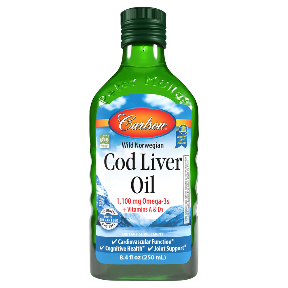 Carlson cod liver oil bottle front view showing the 1100 mg formulation for daily omega-3 intake