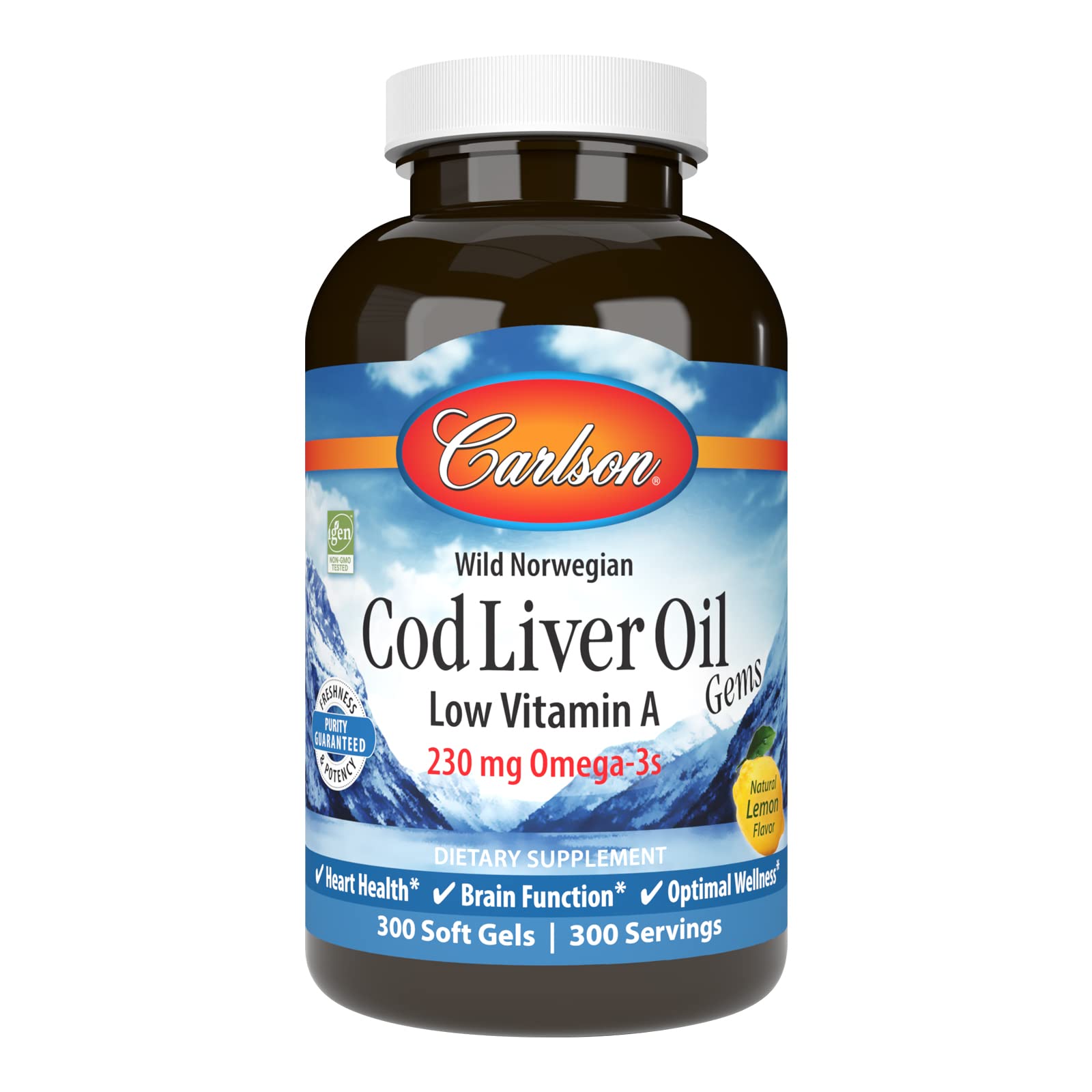 Carlson cod liver oil gems bottle shows a premium omega-3 supplement for daily wellness.