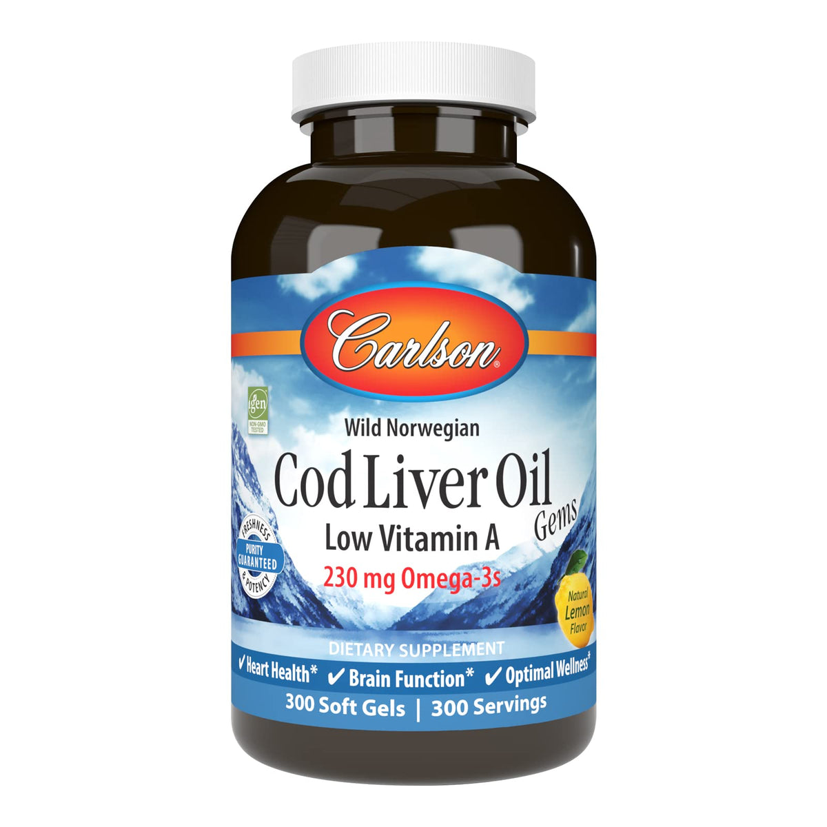Carlson cod liver oil gems bottle shows a premium omega-3 supplement for daily wellness.