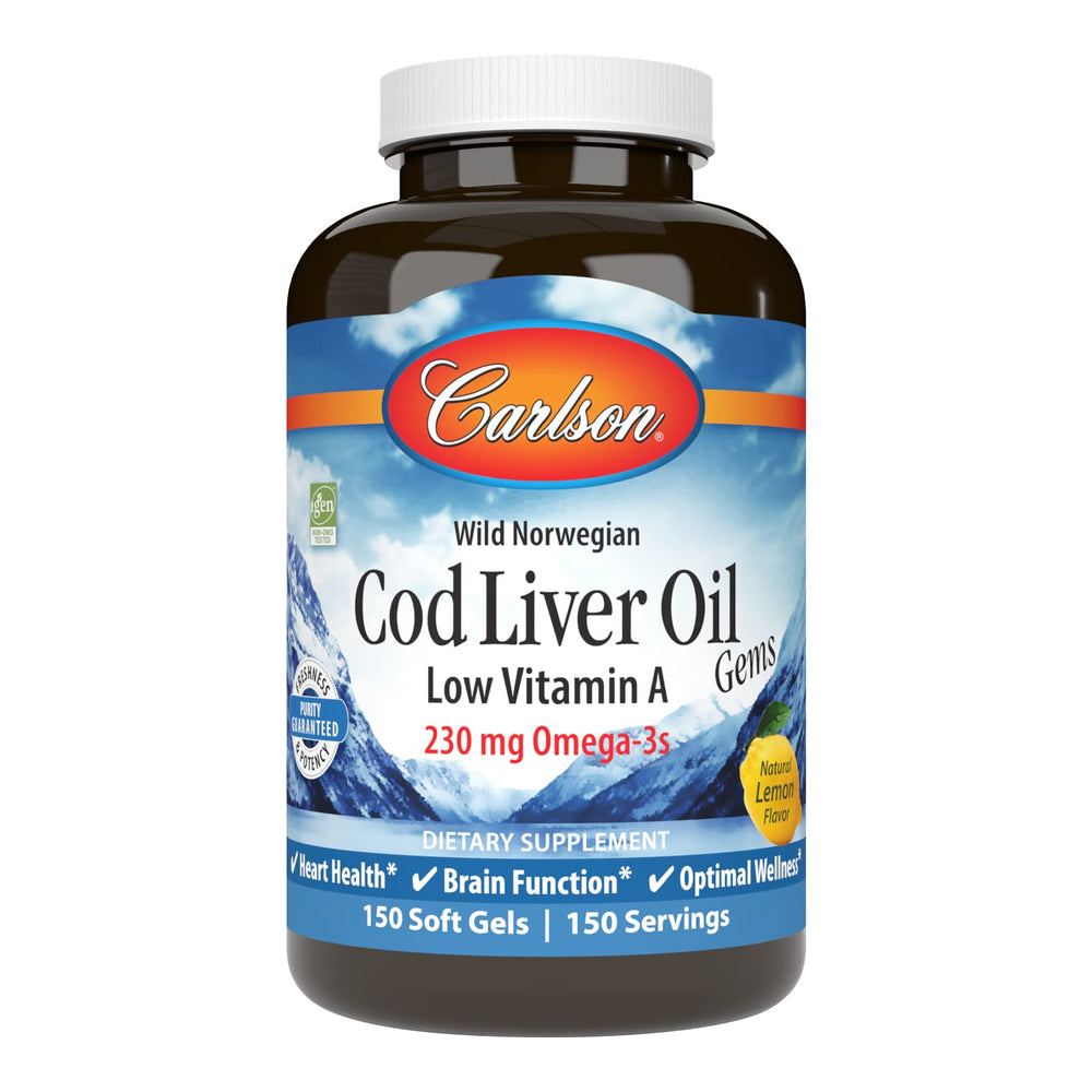 Carlson Cod Liver Oil Gems bottle showing golden softgels with omega-3 content