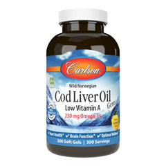 Carlson cod liver oil gems bottle shows a premium omega-3 supplement for daily wellness.