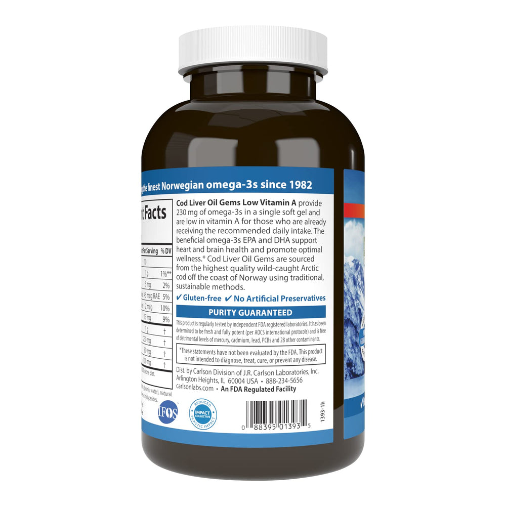 Carlson cod liver oil gems pour image suggests simple dosing and quick daily use.