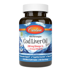 Carlson Cod Liver Oil Minis bottle with gold label for easy daily omega-3 support