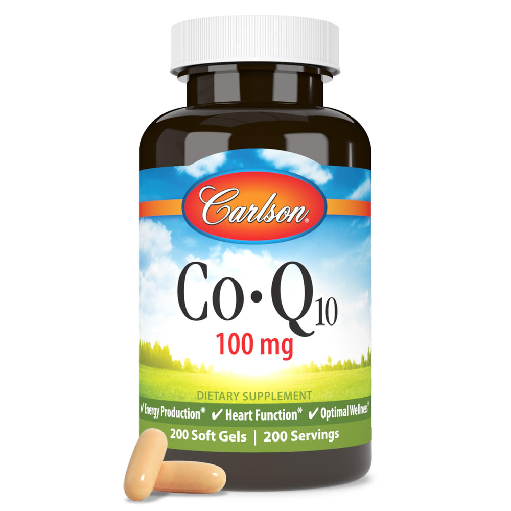 Carlson Co-Q10 100 mg softgel bottle for daily energy support