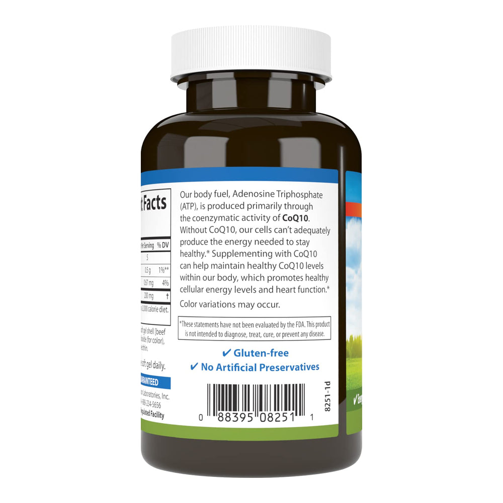 Carlson Co-Q10 bottle displaying 90 softgels and potency guarantee