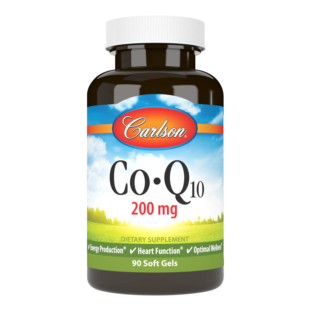 Carlson Co-Q10 softgels bottle with label showing 200 mg for daily energy support