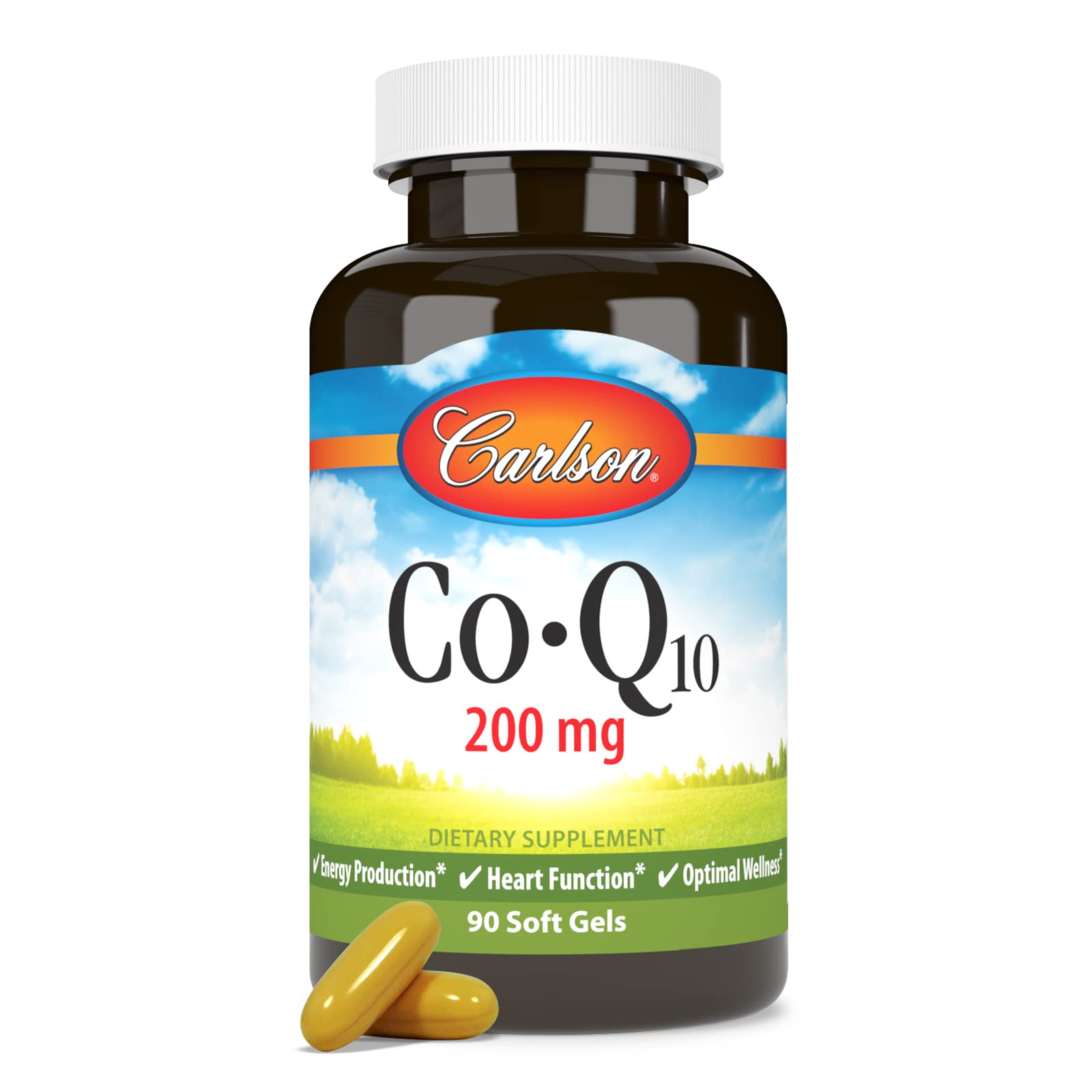 Carlson Co-Q10 bottle on countertop with fresh packaging and glass