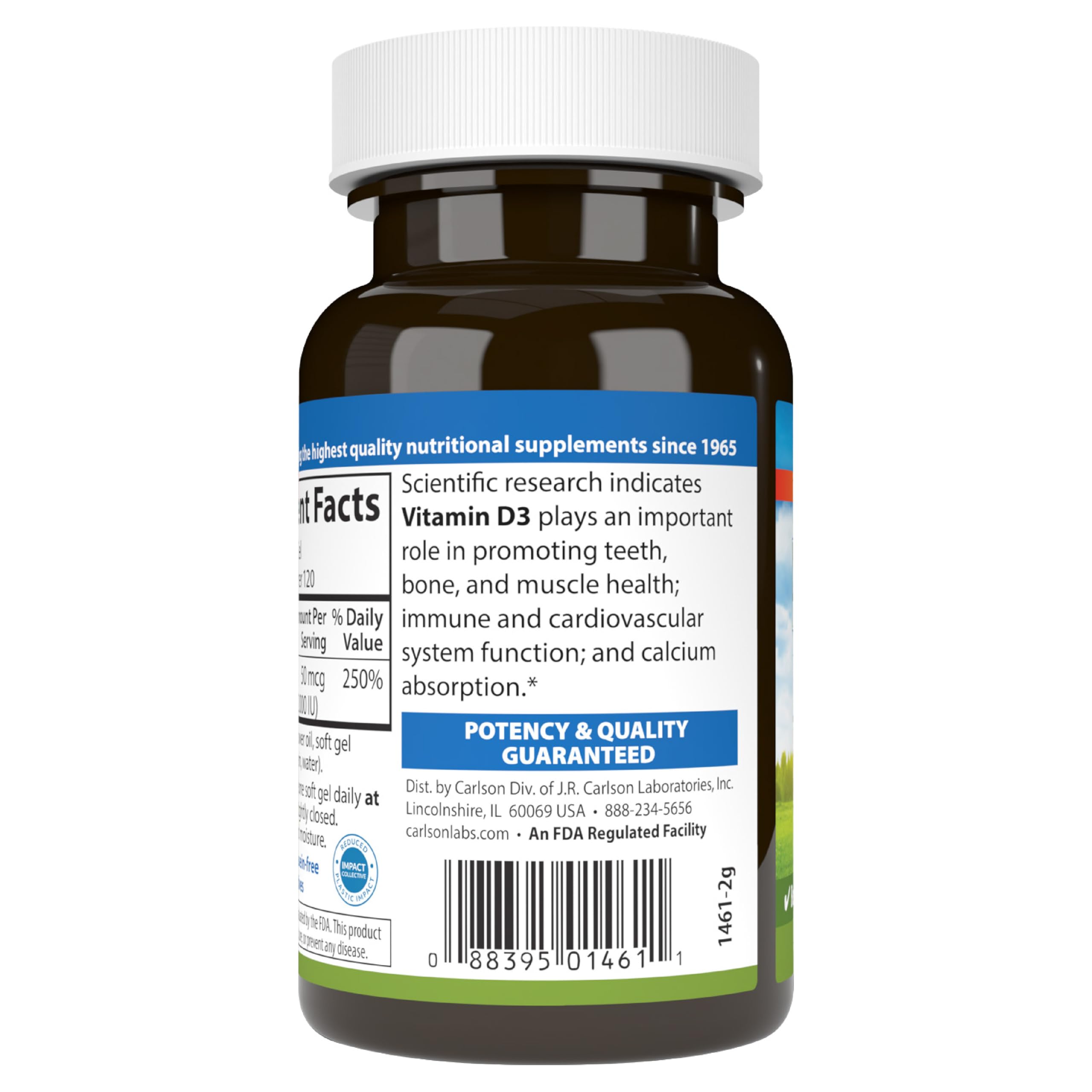 Side view of Carlson Co-Q10 bottle emphasizing quality and potency