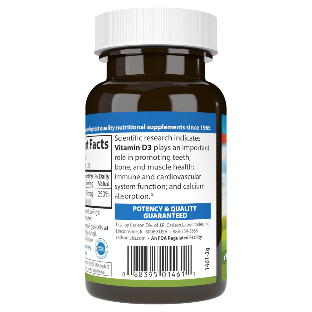 Side view of Carlson Co-Q10 bottle emphasizing quality and potency