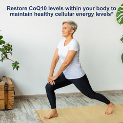 Carlson Co-Q10 bottle beside a glass of water for easy intake