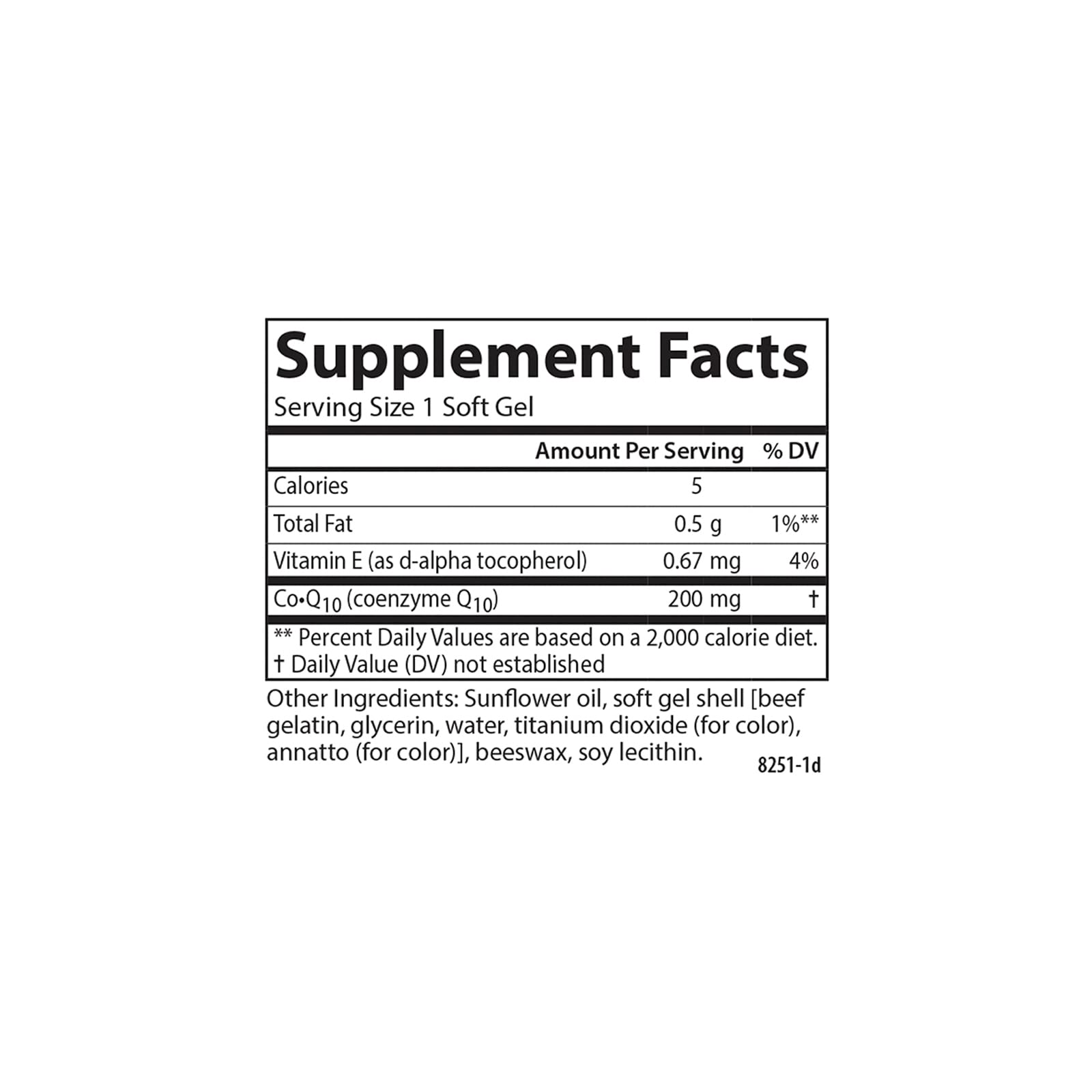 Carlson Co-Q10 ingredients panel highlighting natural all-trans CoQ10