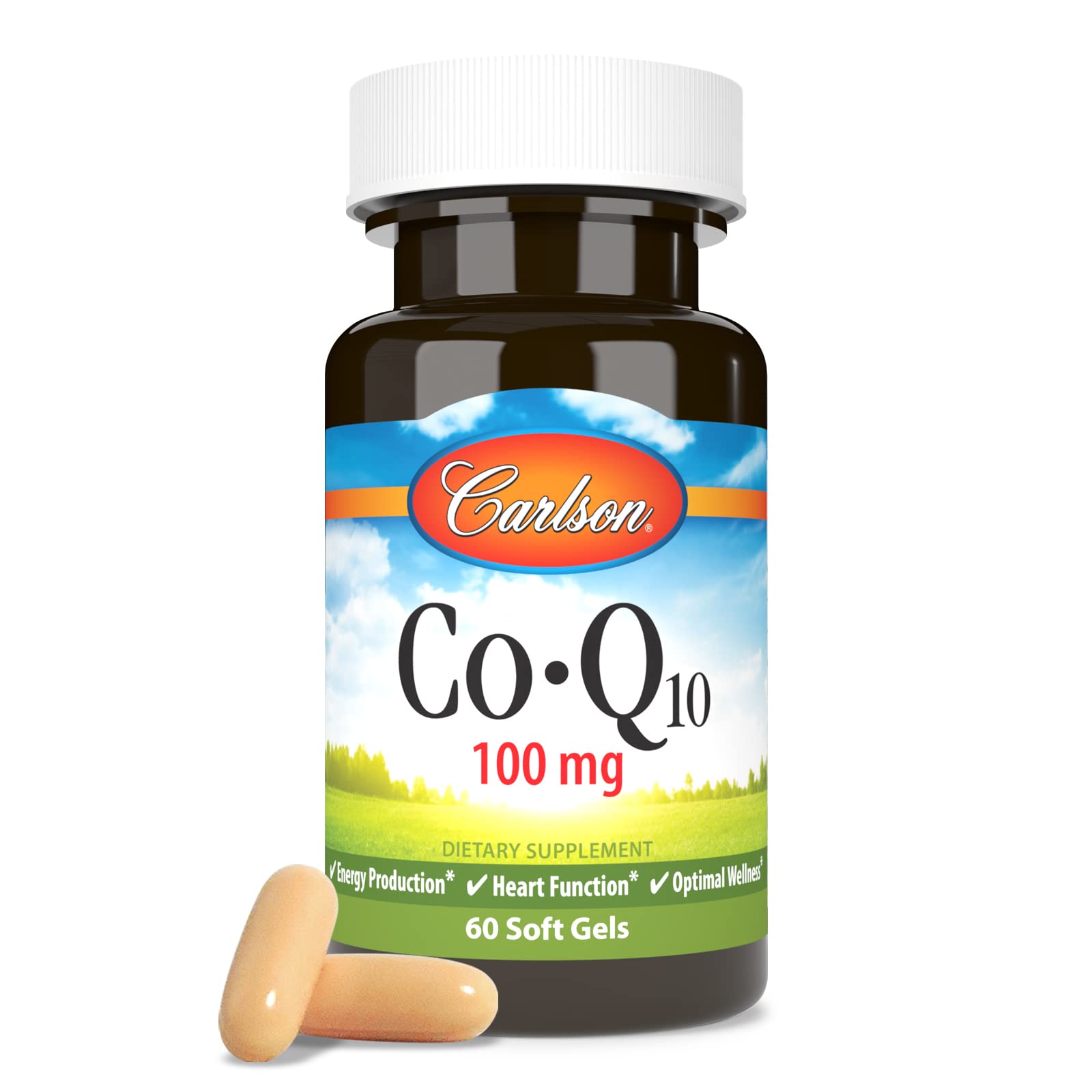 Carlson CoQ10 packaging side view emphasizes quality guarantee.
