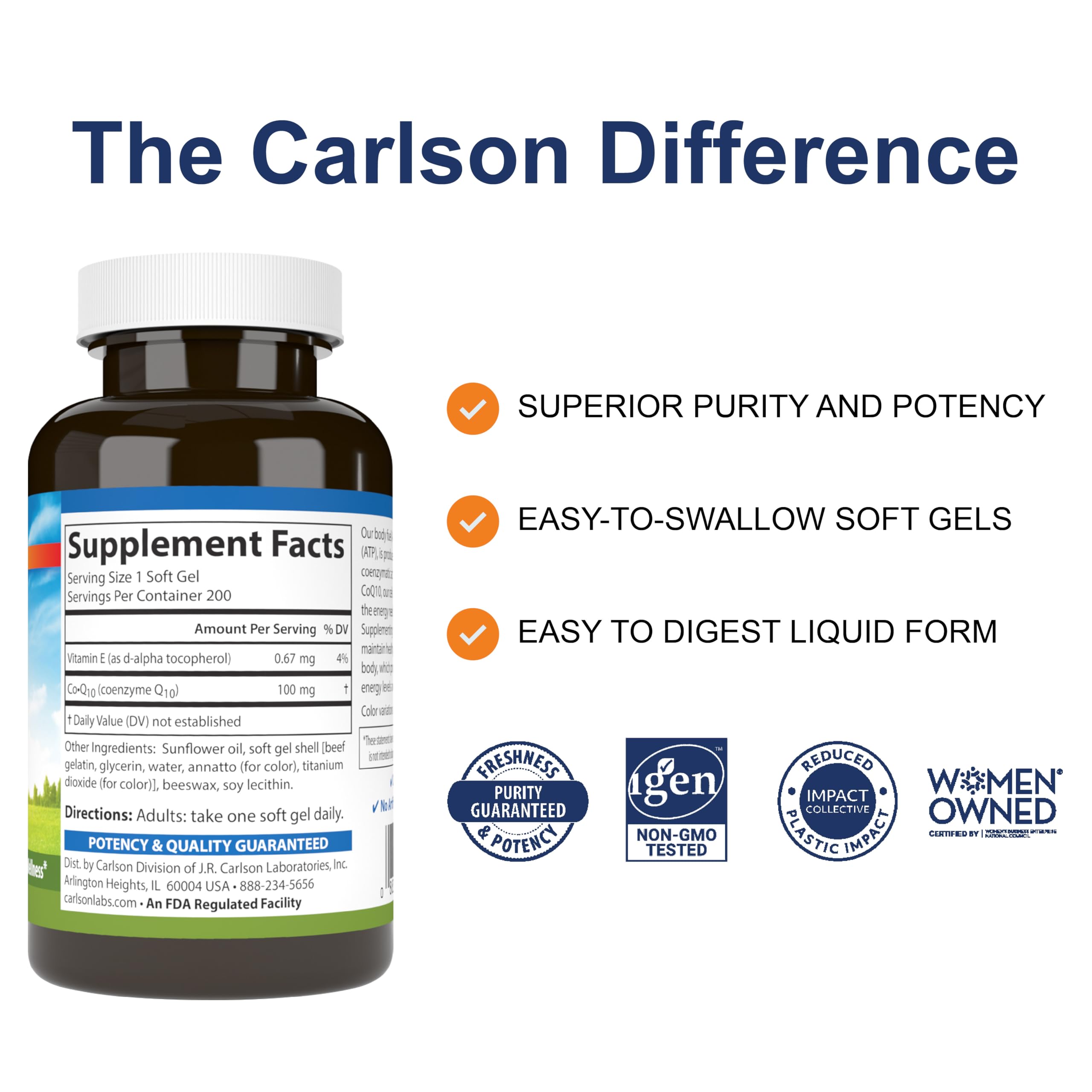 Close-up of Carlson Co-Q10 softgels showing smooth capsules