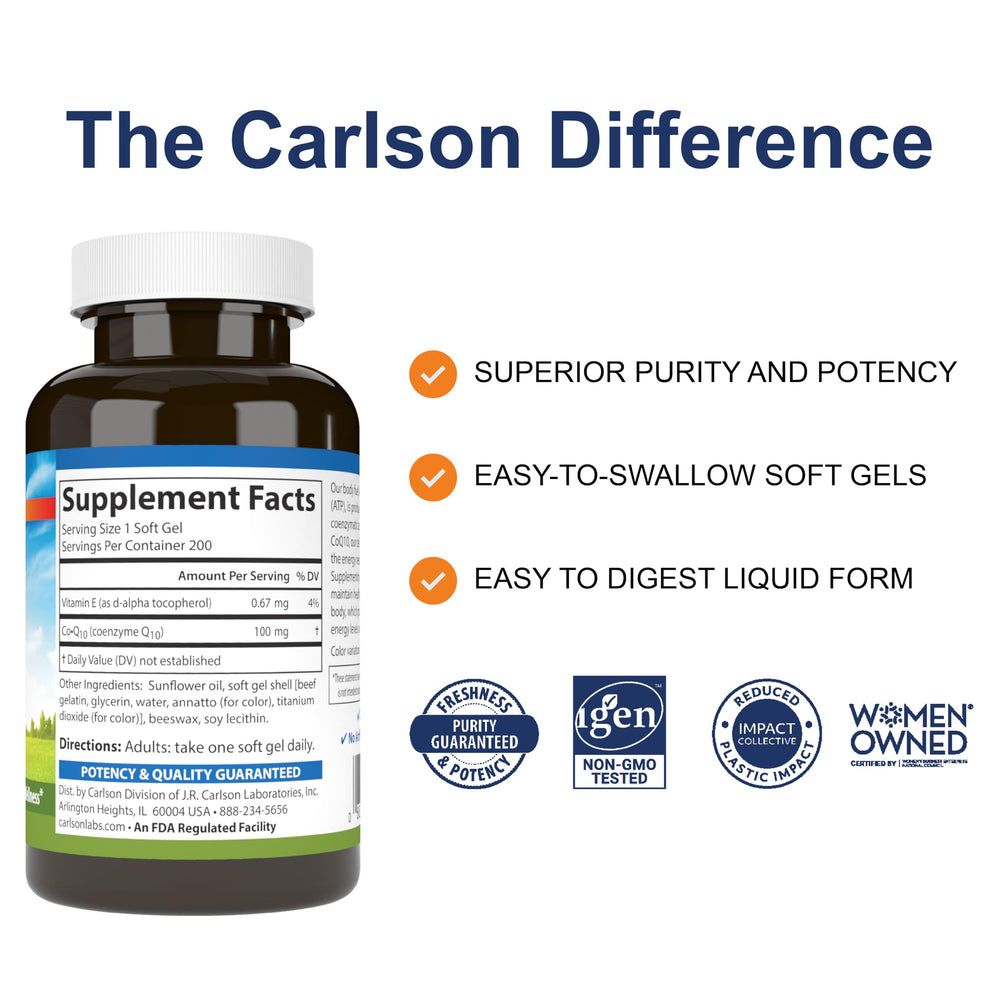 Close-up of Carlson Co-Q10 softgels showing smooth capsules
