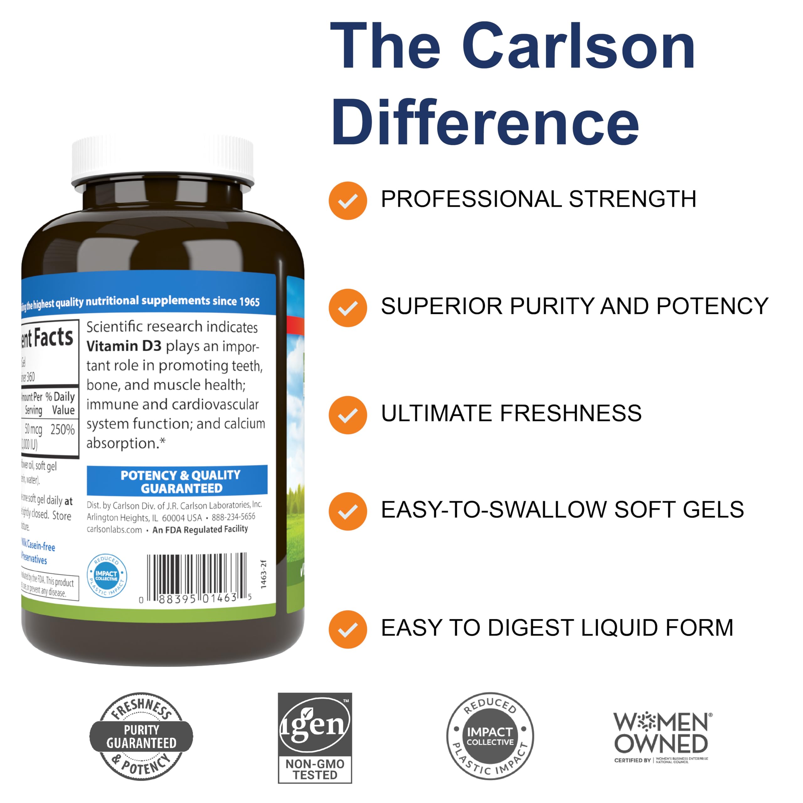 Close-up of Carlson D3 2000 IU softgels for easy daily intake