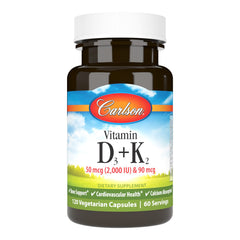 Carlson D3 K2 bottle front showing bone-supporting vitamin blend