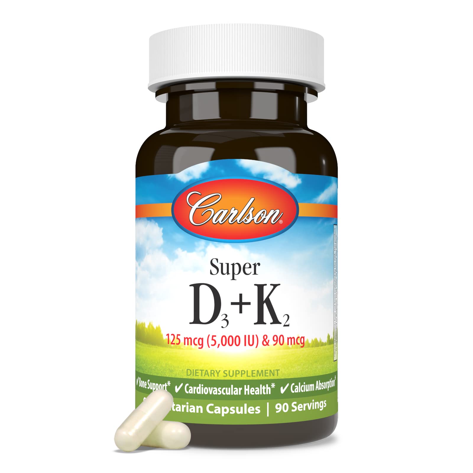 Carlson D3 + K2 bottle with glass and morning light suggesting a vitamin routine.