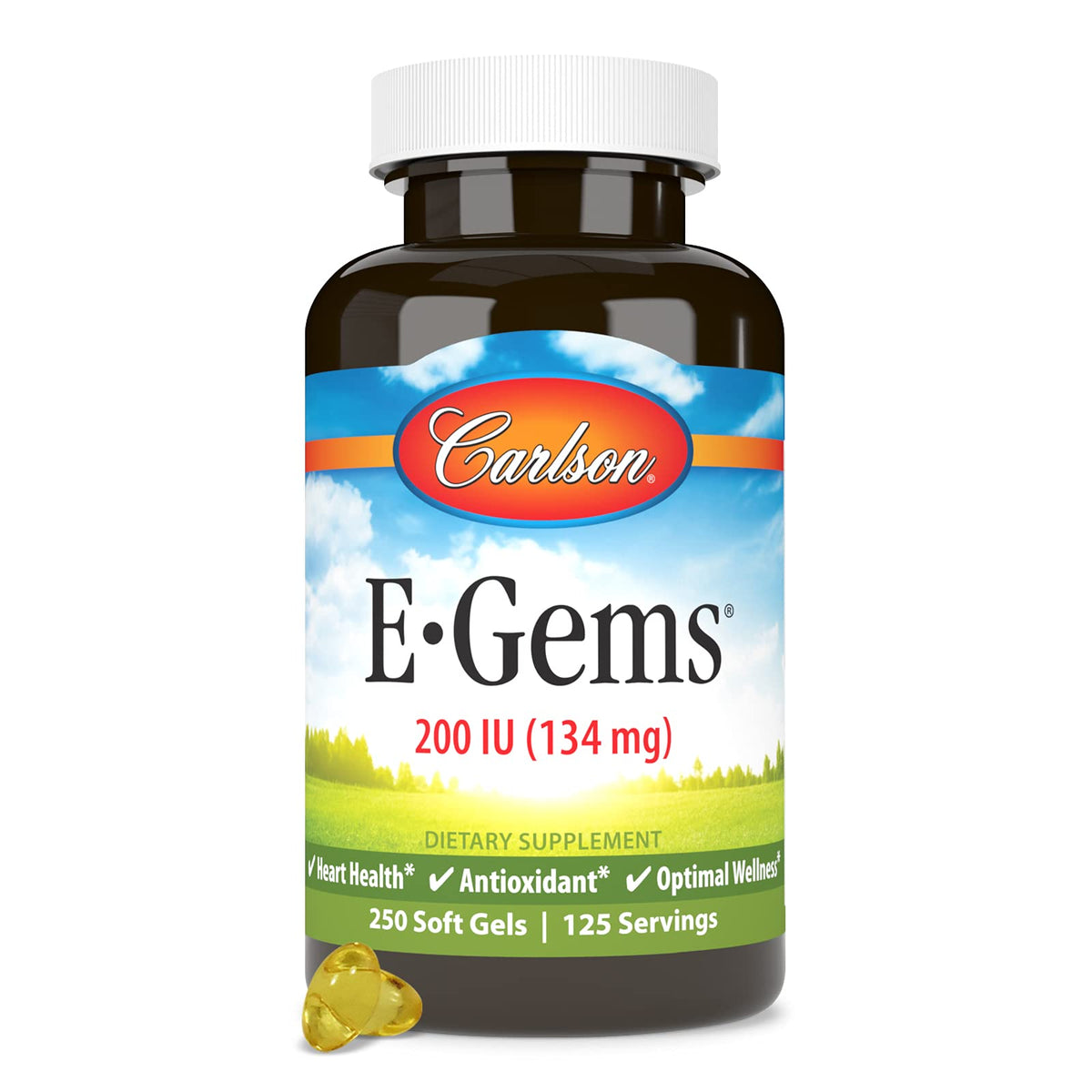 Carlson E-Gems bottle front showing natural-source vitamin E soft gels.