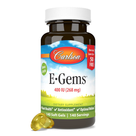 Carlson E-Gems bottle displays natural-source vitamin E for daily wellness support