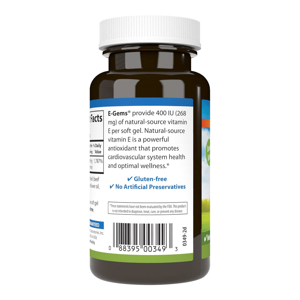 Carlson E-Gems bottle label emphasizes natural-source vitamin E potency