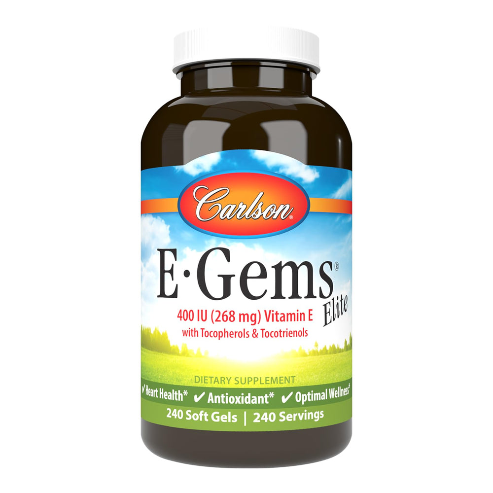 Carlson E-Gems Elite bottle front shows premium vitamin E softgels for daily wellness