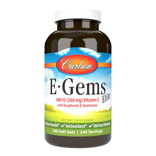Carlson E-Gems Elite bottle front shows premium vitamin E softgels for daily wellness