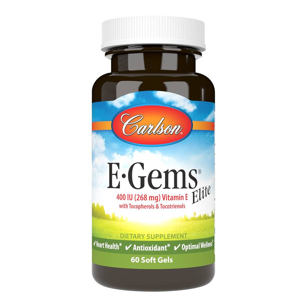Carlson E-Gems Elite bottle front view highlighting 60 soft gels for heart health support