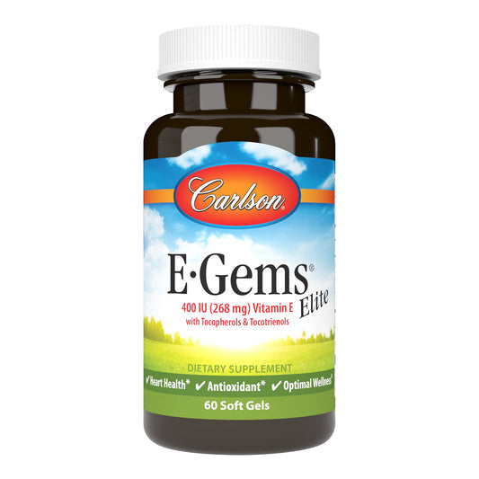 Carlson E-Gems Elite bottle front view highlighting 60 soft gels for heart health support