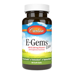 Carlson E-Gems Elite bottle front view highlighting 60 soft gels for heart health support