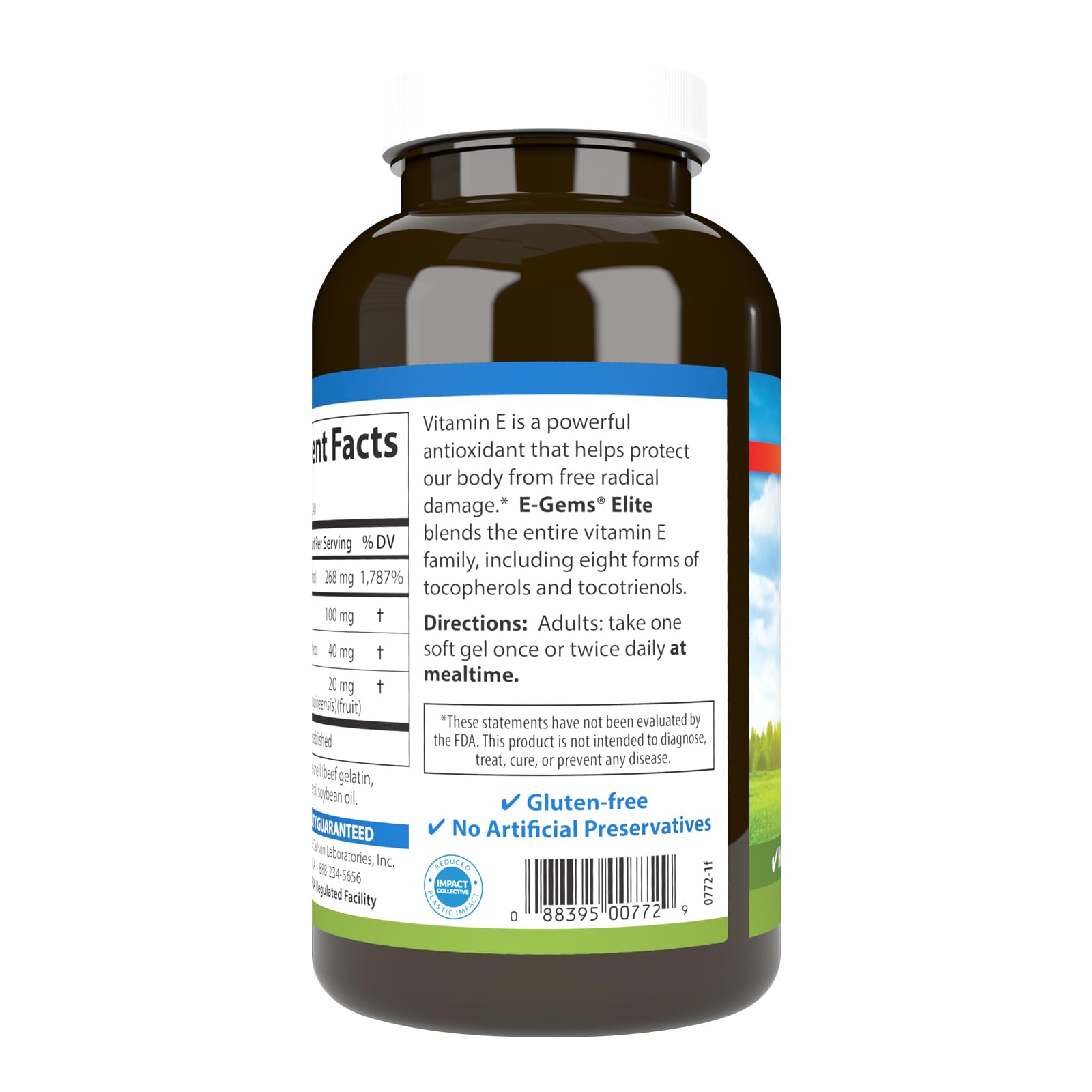 Carlson E-Gems Elite softgels closeup features 400 IU per capsule
