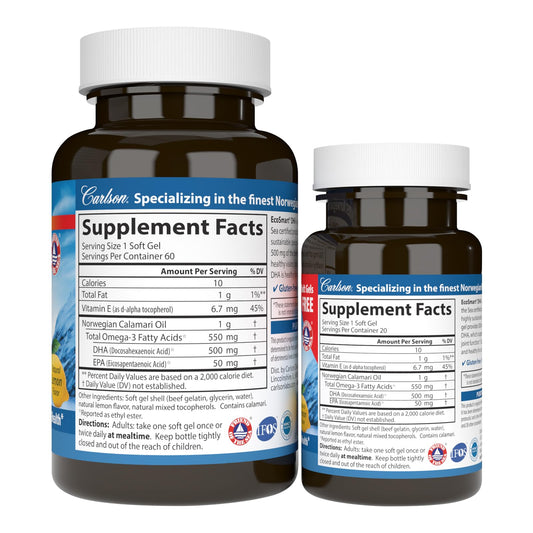 Carlson EcoSmart DHA softgels close-up highlighting potency