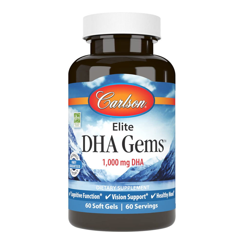 Carlson Elite DHA Gems bottle and softgels showing 1000 mg DHA per serving for daily support