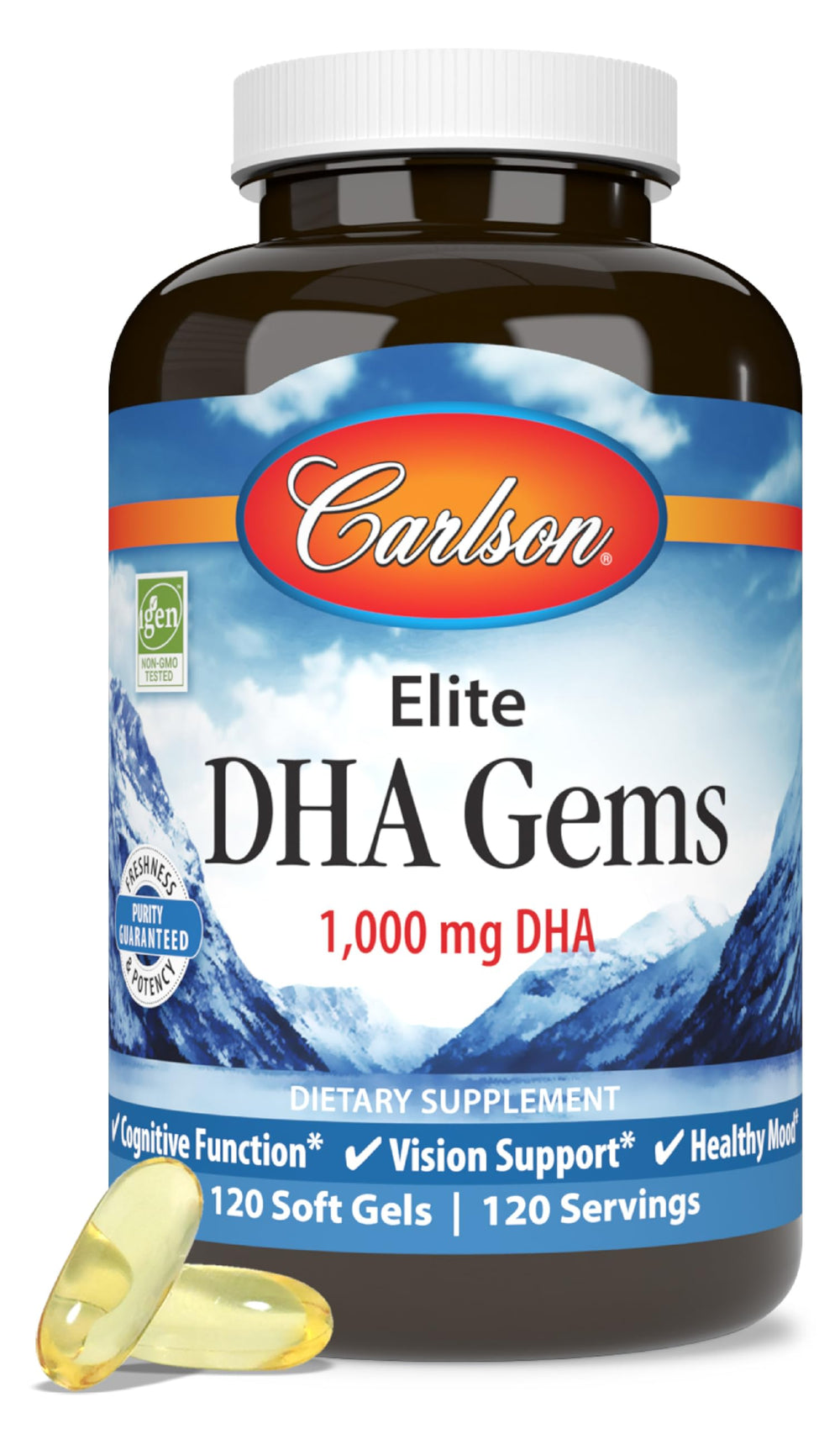 Carlson Elite DHA Gems bottle label shows 1000 mg DHA per softgel for daily use.