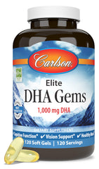 Carlson Elite DHA Gems bottle label shows 1000 mg DHA per softgel for daily use.