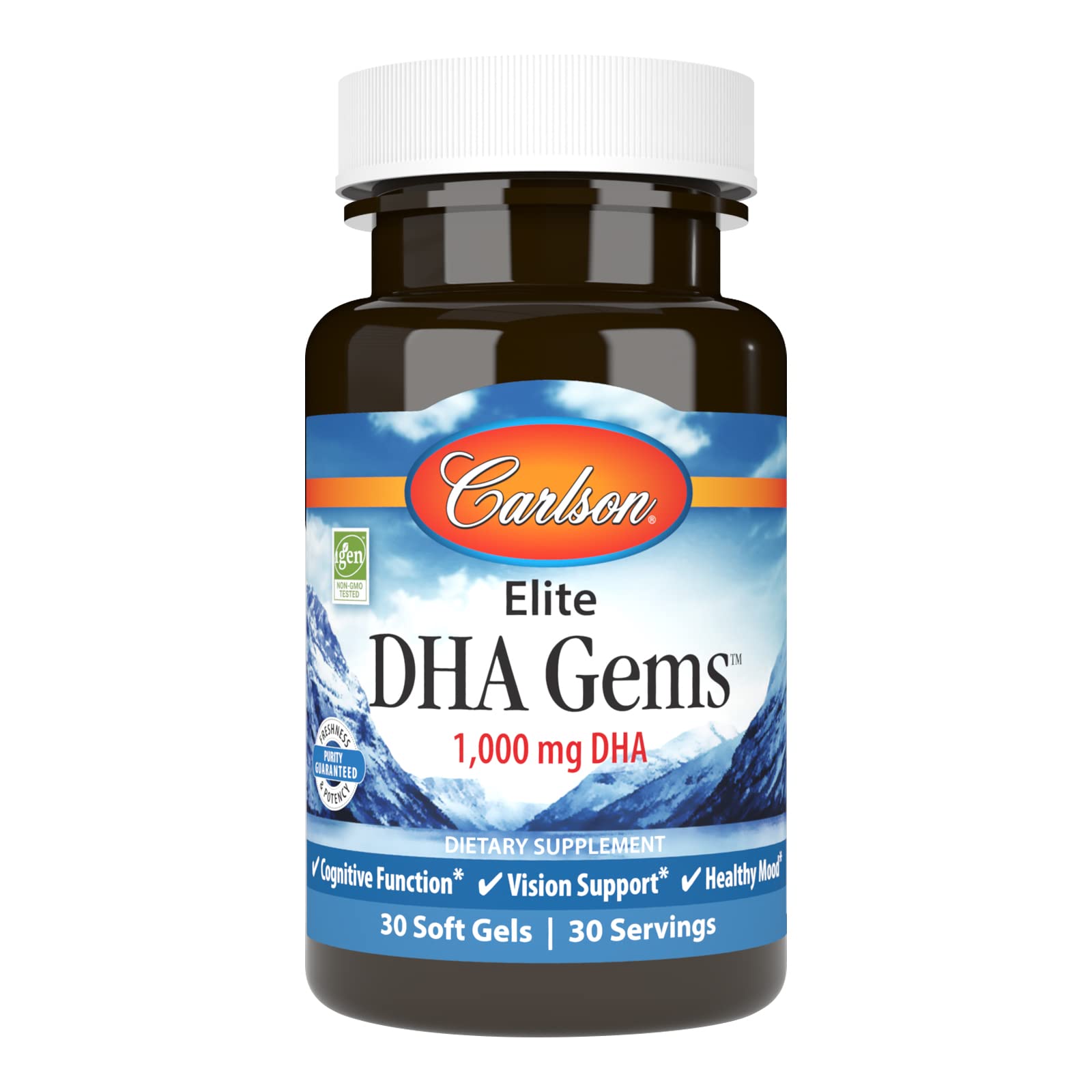Carlson Elite DHA Gems bottle on counter signals daily brain and vision support.