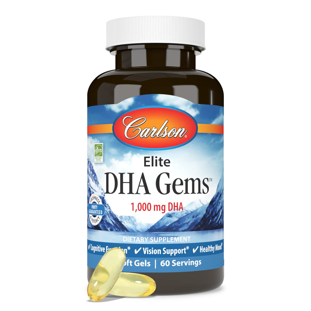 Carlson Elite DHA Gems freshness seal and softgel close-up signaling purity