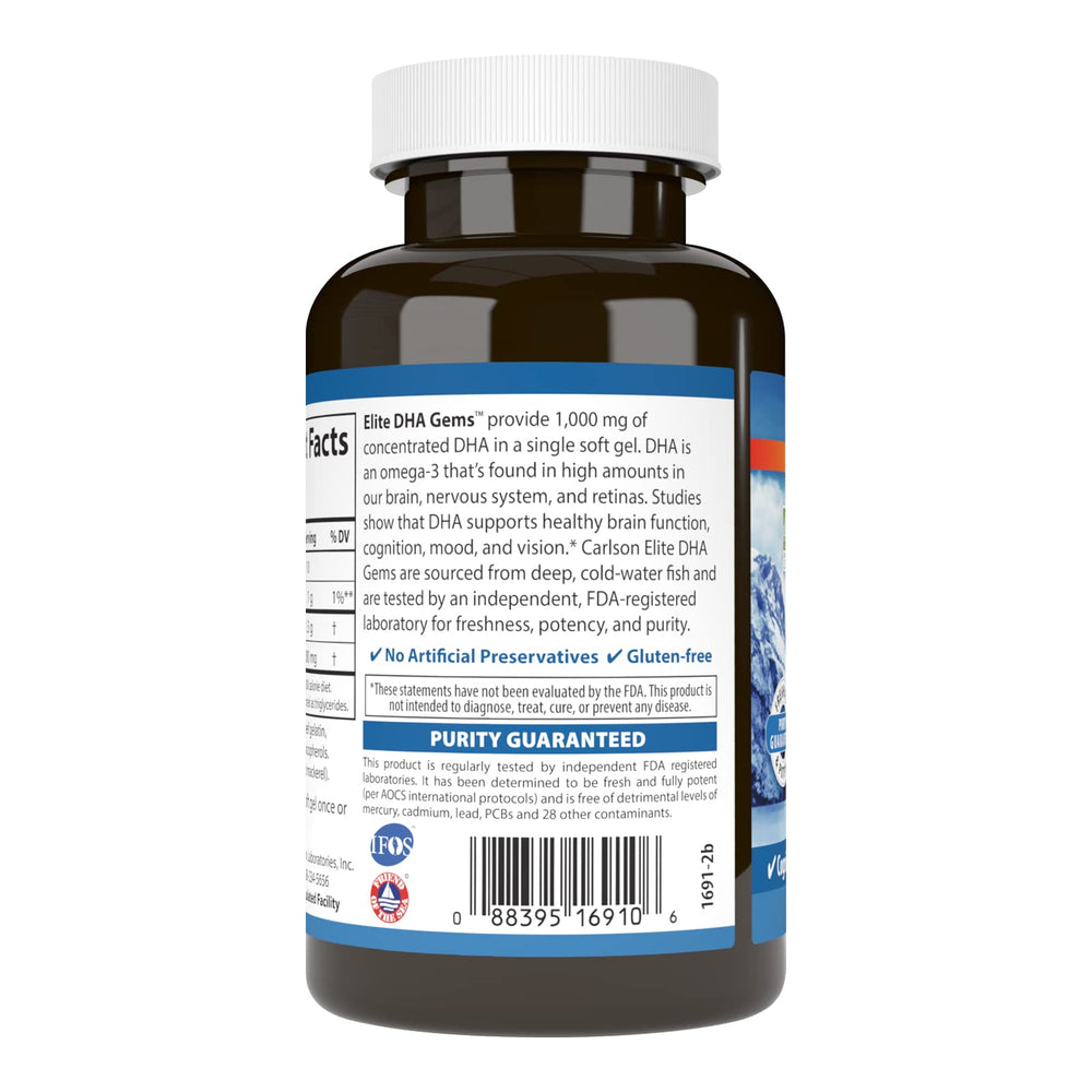 Carlson Elite DHA Gems sustainably sourced label on bottle indicating responsible harvesting