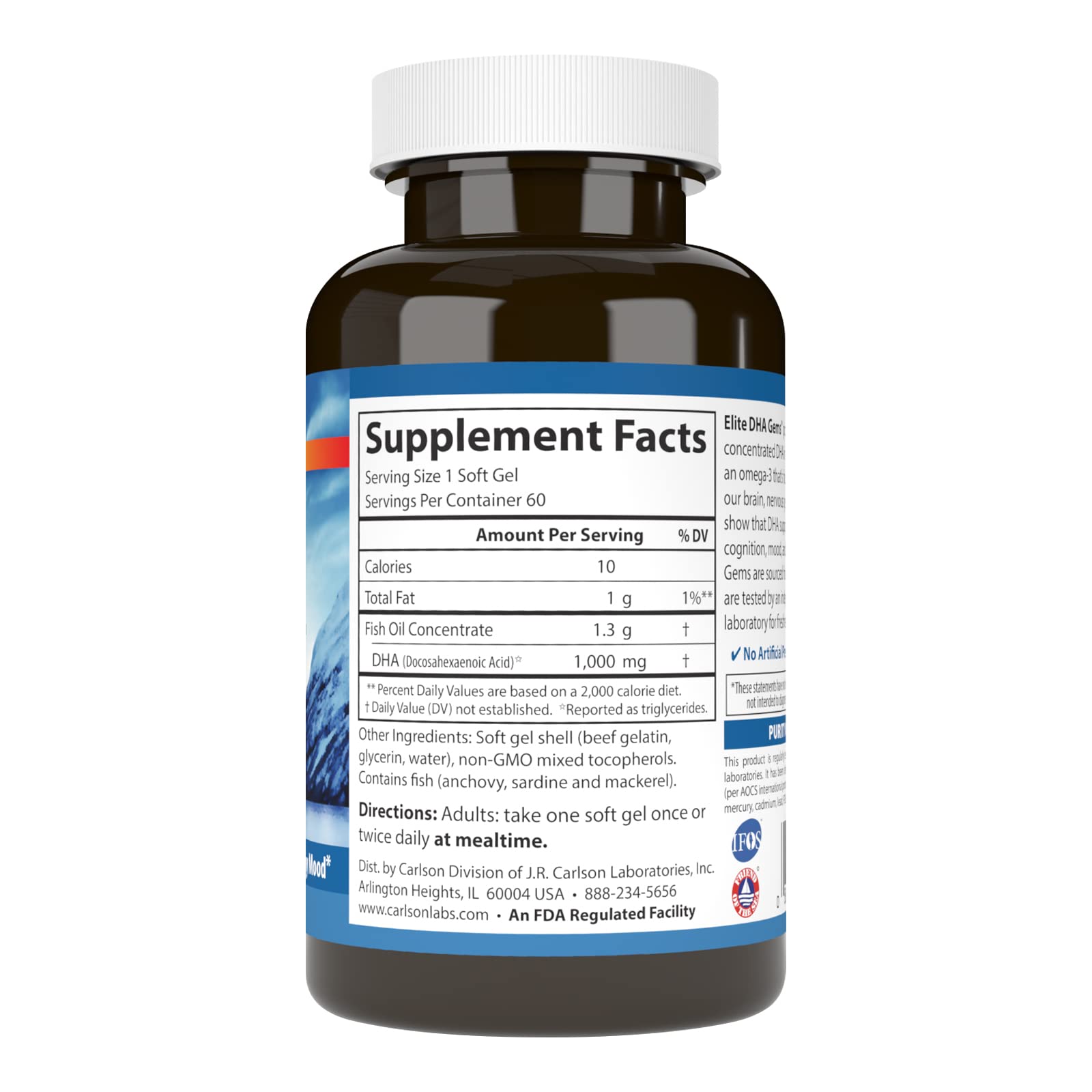Carlson Elite DHA Gems wild-caught omega-3 capsule close-up highlighting source