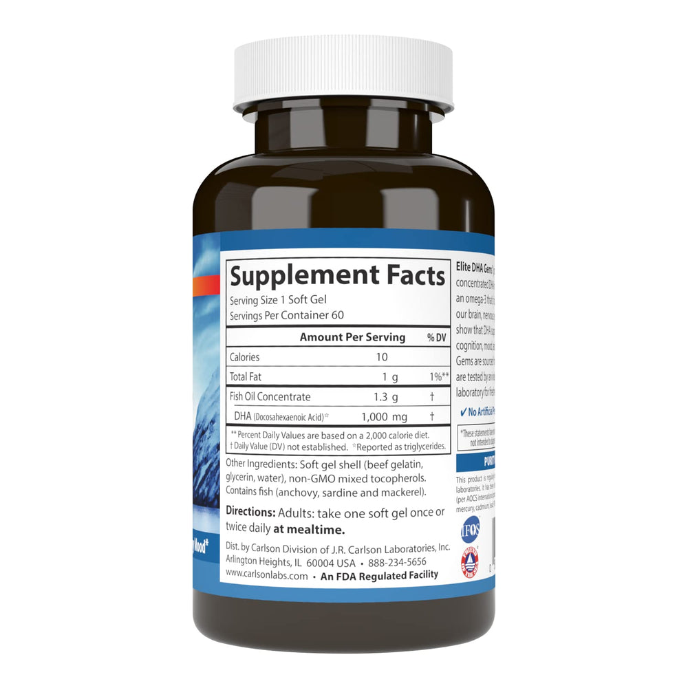 Carlson Elite DHA Gems wild-caught omega-3 capsule close-up highlighting source