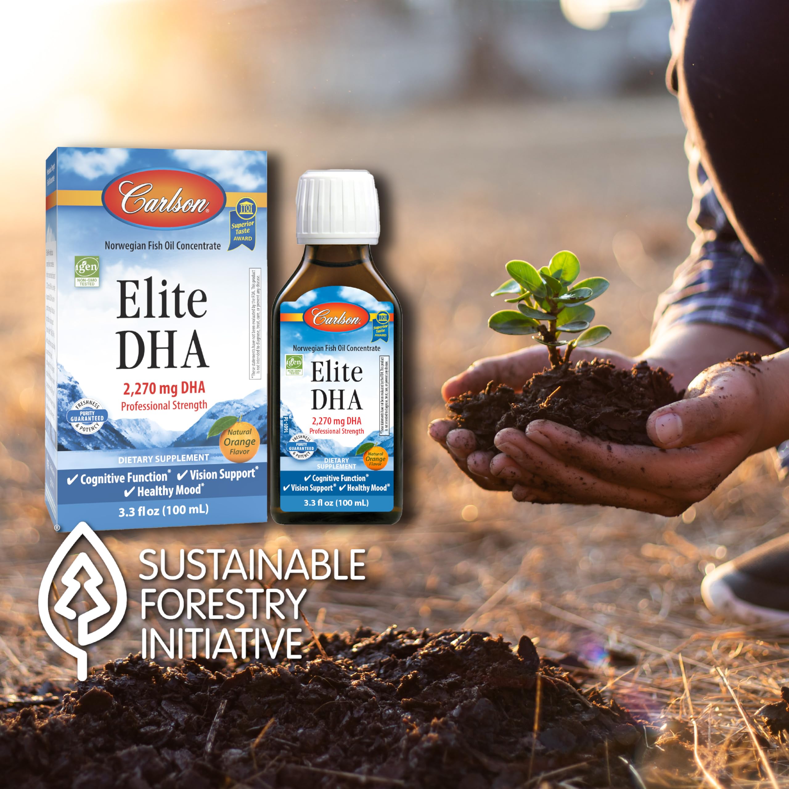 Carlson Elite DHA IFOS-IGEN certifications seal indicates quality standards.