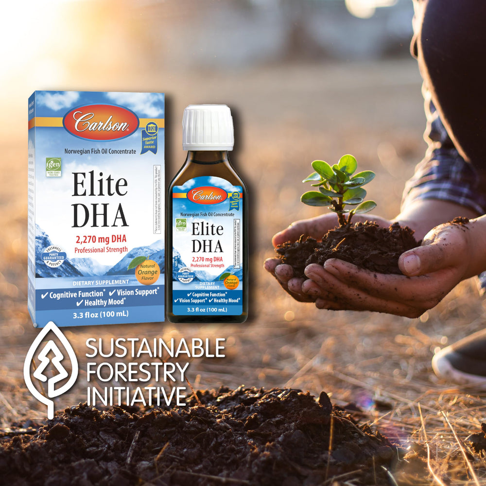 Carlson Elite DHA IFOS-IGEN certifications seal indicates quality standards.