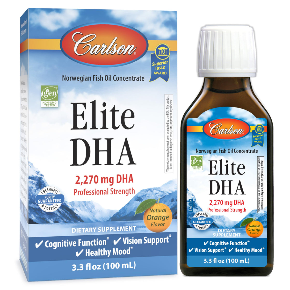Carlson Elite DHA orange bottle with easy daily omega-3 for focus.
