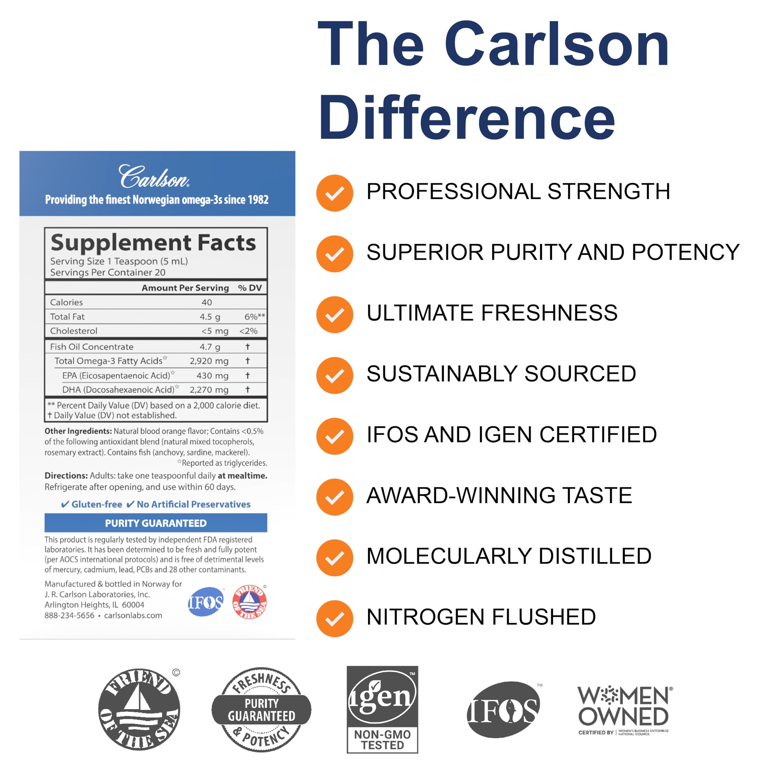 Carlson Elite DHA orange pour demonstrates simple serving for brain health.