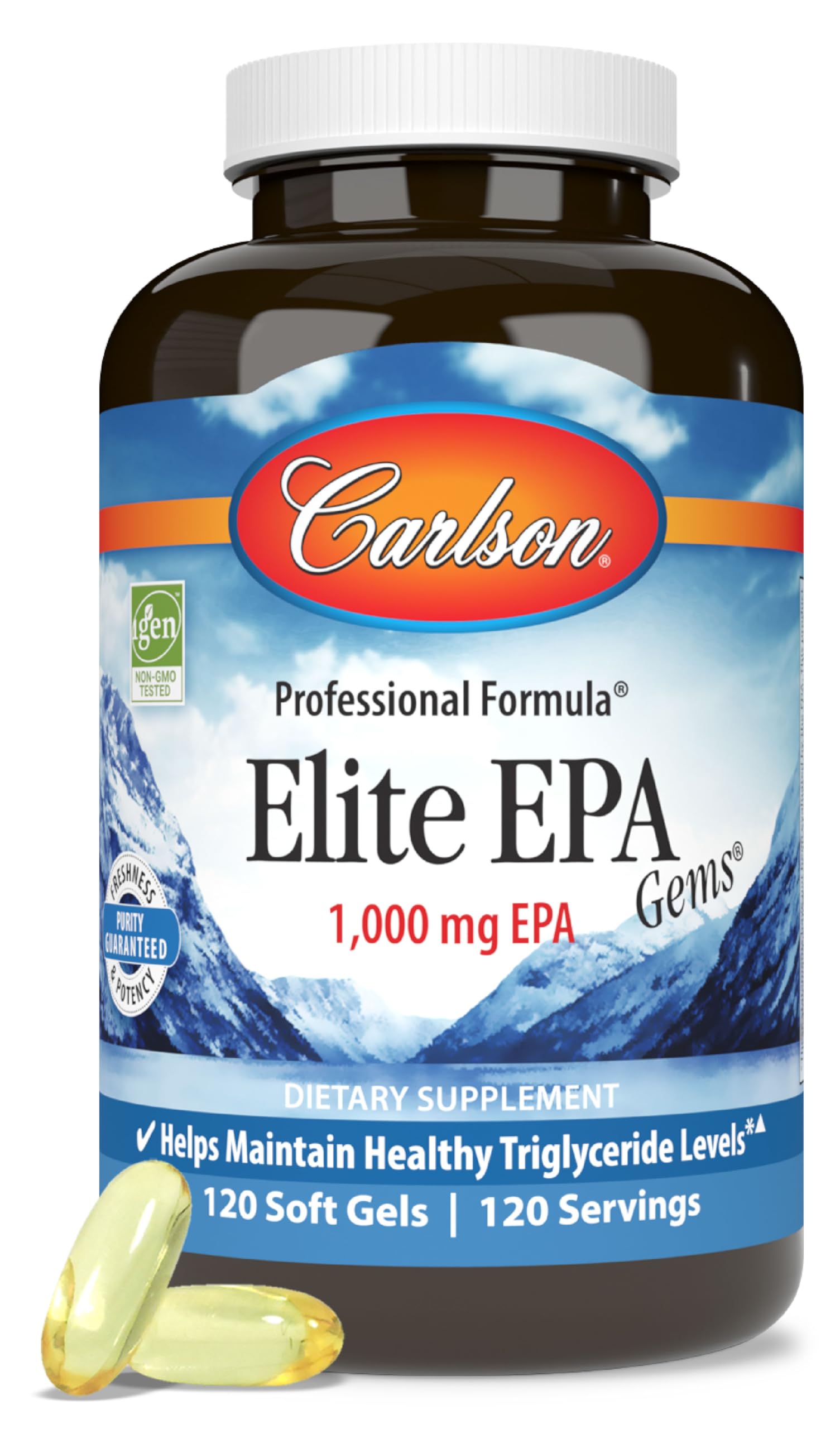 Carlson Elite EPA Gems bottle front with high-potency omega-3 formula for daily support.