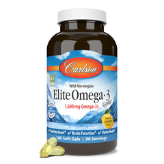 Carlson Elite Omega-3 Gems packaging notes 100 IU natural vitamin E for antioxidation