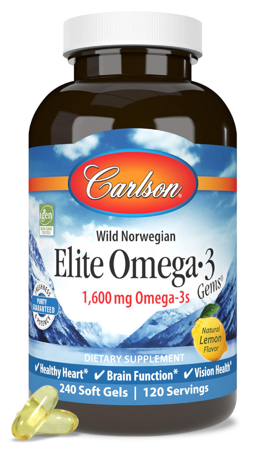 Carlson Elite Omega-3 Gems bottle front showing lemon softgels for daily use