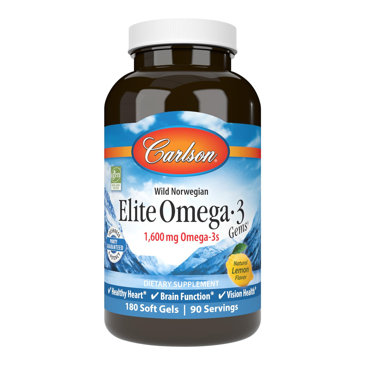 Carlson Elite Omega-3 Gems bottle on display highlighting omega-3 content for daily use